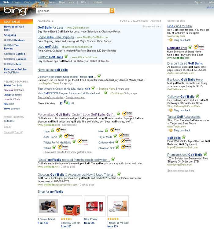 Bing Search Results showing Symantec Safe Site in action